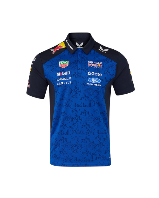 Blue and black sports jersey with various sponsor logos on a white background